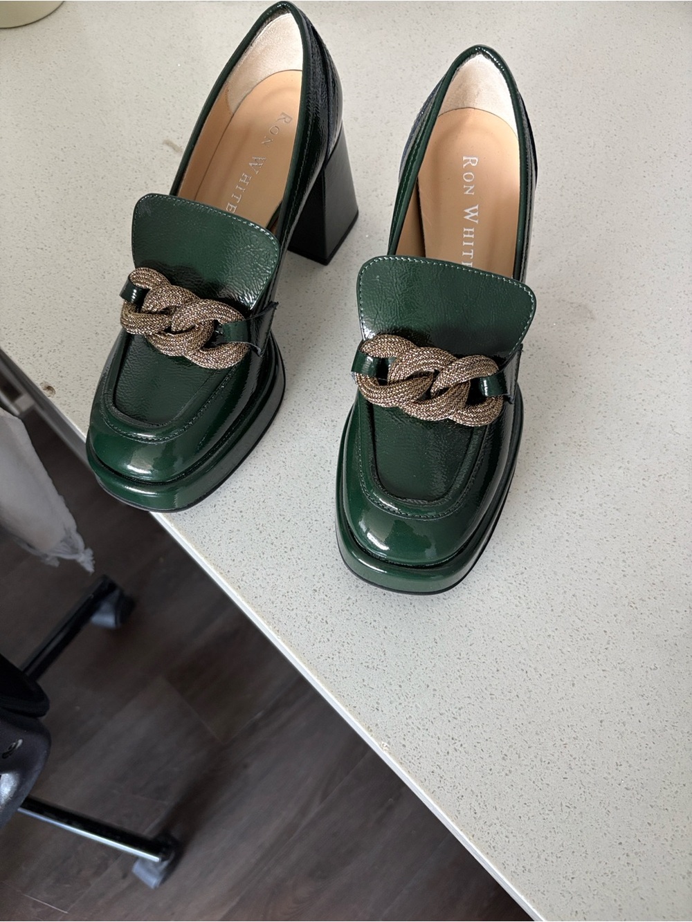 Ron White Dark Green Patent Block Heel Loafers with Gold Chain